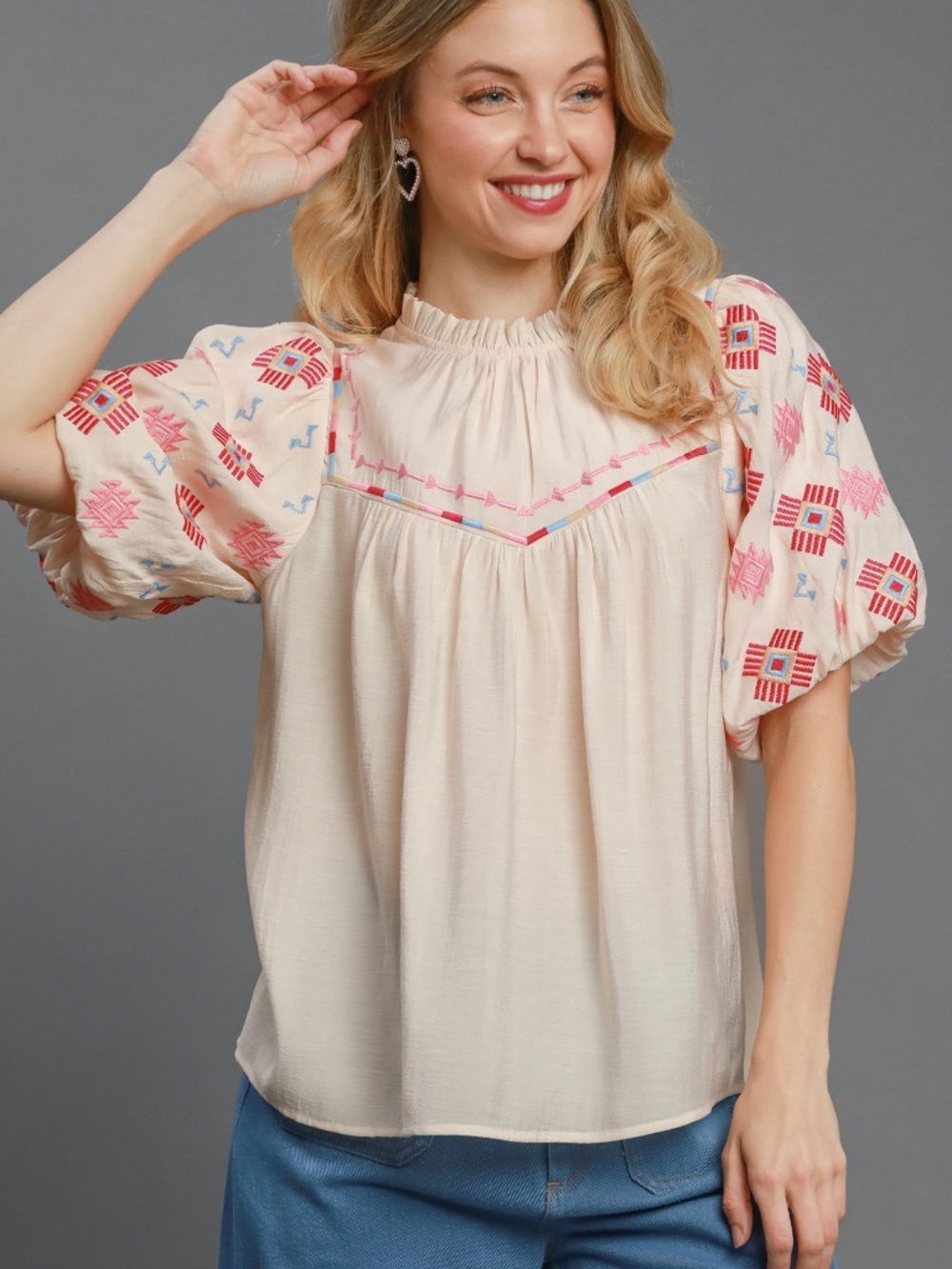 Umgee Embroidered Bubble Sleeve Boho Blouse NWT - Picture 2 of 8
